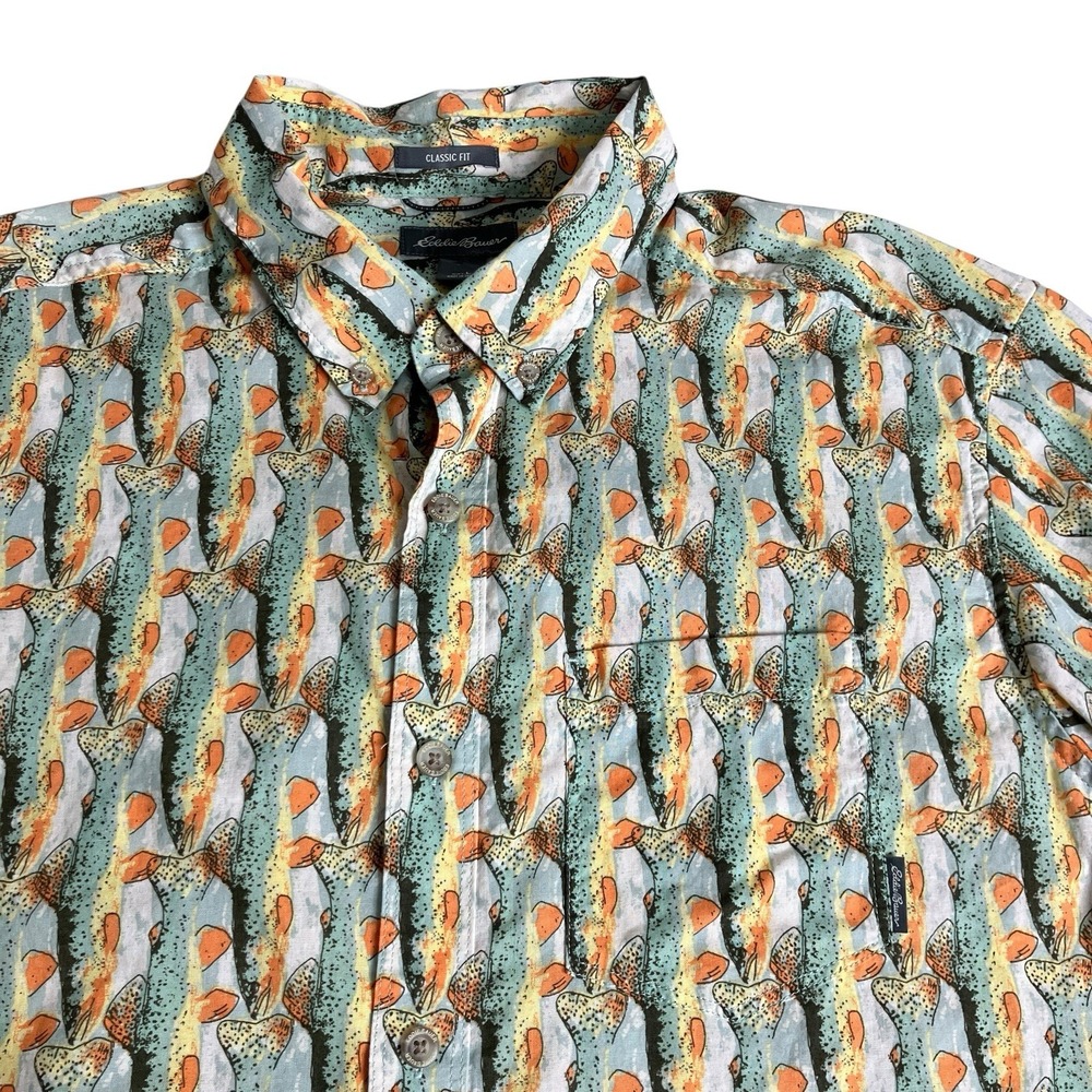 Eddie Bauer Baja Shirt Men L Fish All Over Print Classic Fit Short Sleeve Button